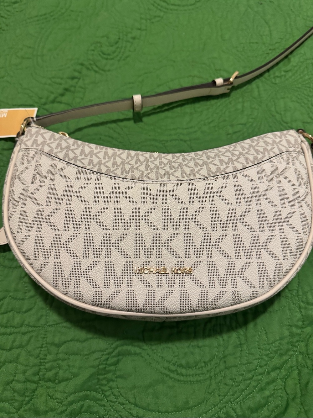 Michael Kors Gray and White MK Monogram Crescent Crossbody